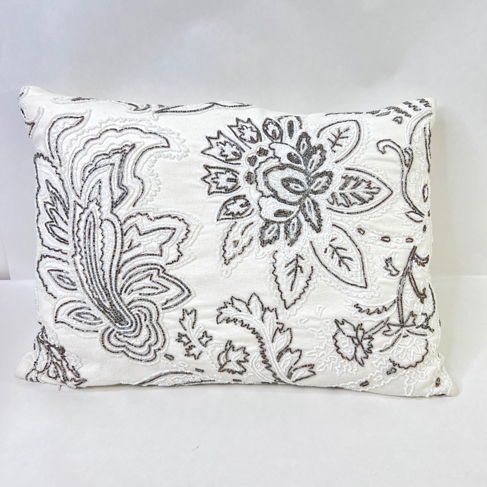 Franktex Hand Beaded Floral Lumbar Pillow Feather Filled 14x22 White Silver